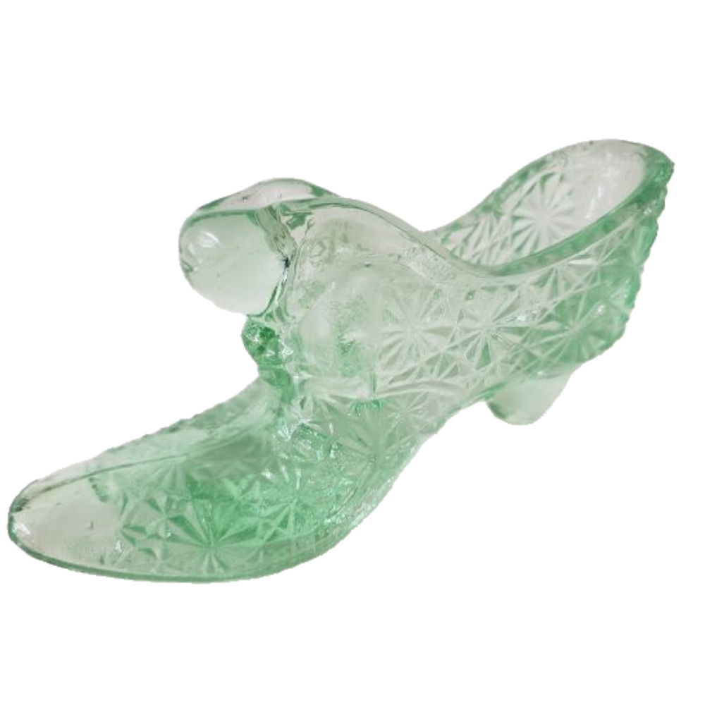Vintage Collectible Daisy & Button Clear Mint Green Cat Head Art Glass Slipper